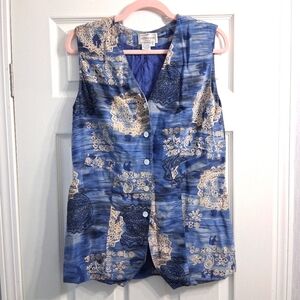 Henri Bendel Silk Vest Blue Boho Pattern Mother Of Pearl Buttons Vintage Artist